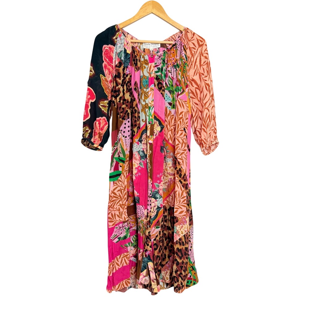 Geisha Designs Paras and Shalini Patchwork Floral Leopard Midi Dress XS